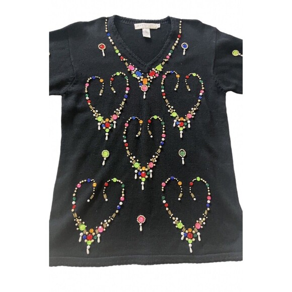 ARRIVISTE Vintage Multi Colored HEART SHAPE Gemstone Embellished Sweater Size M - Picture 3 of 8
